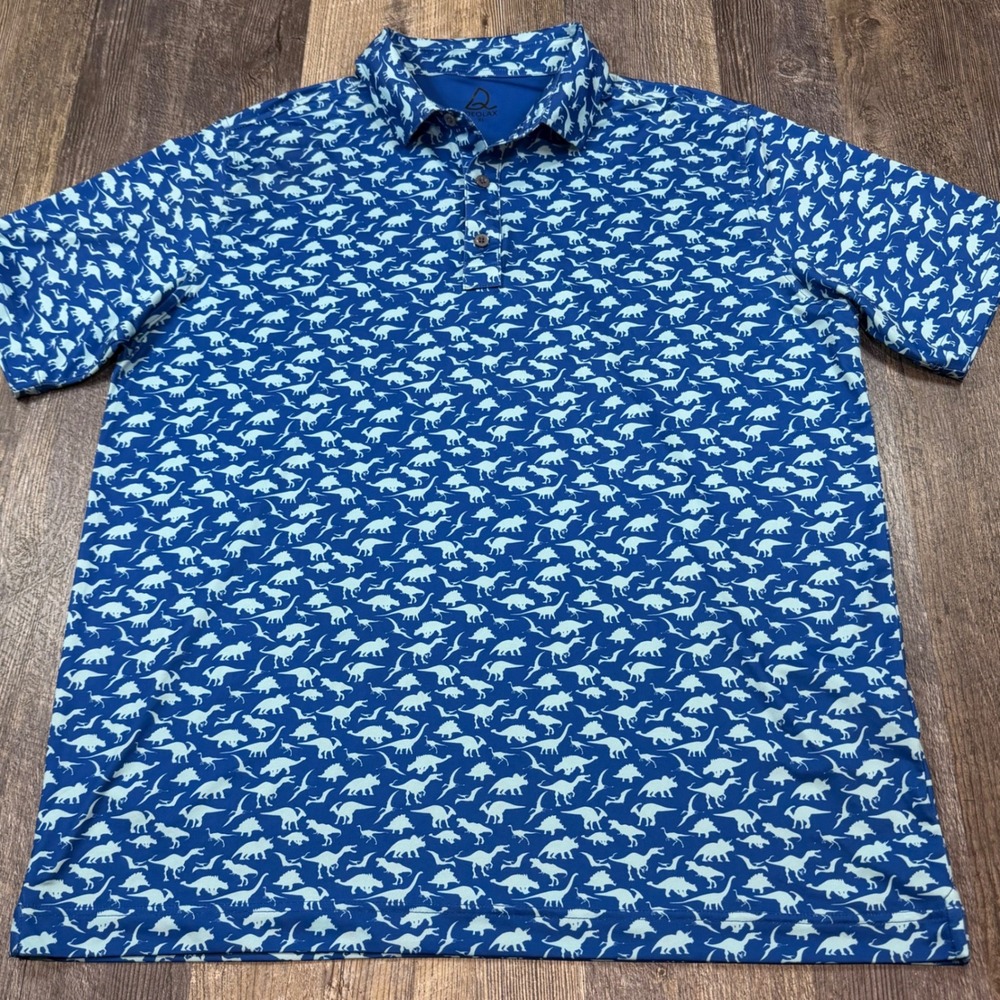 Deolax Mens XL Dinosaur AOP Print Golf Polo Shirt Blue‎ Performance Stretch